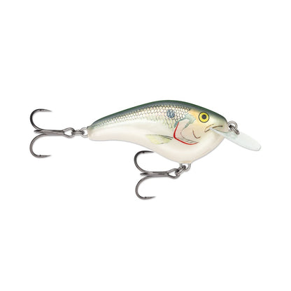 The Rapala OG Slim 6 Crankbait by Rapala is a balsa lure with a white belly, green back, silver scales, two treble hooks, and a clear plastic lip—ideal for bass fishing.