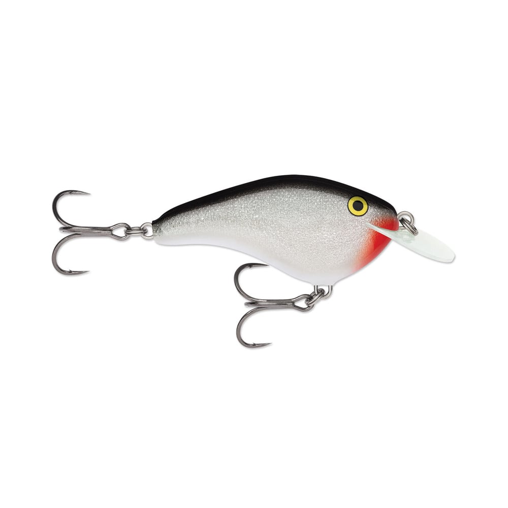 The Rapala OG Slim 6 Crankbait by Rapala features a balsa body in white and silver with a black top, red mouth accent, yellow eye, two treble hooks, and a front plastic lip. Perfect bass fishing lure.