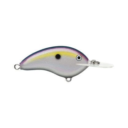 The Rapala OG Deep Tiny 7 Crankbait features a silver and purple fish-shaped body, yellow side stripe, and black dot, with a large diving lip for a tight wobble. Inspired by classic balsa designs from Rapala.