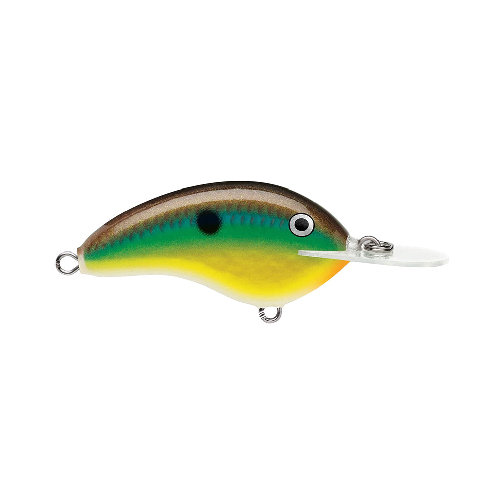 The Rapala OG Deep Tiny 7 Crankbait by Rapala is a colorful balsa fishing lure shaped like a small fish, with green, yellow, and brown colors, a black spot, large eye, clear plastic lip for diving, and tight wobble action.