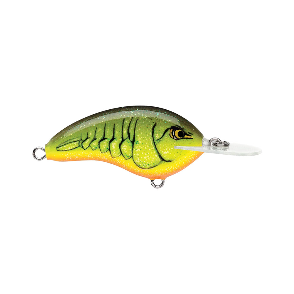 The Rapala OG Deep Tiny 7 Crankbait by Rapala is a vibrant balsa fishing lure shaped like a small fish, with green-yellow tones, black markings, a white belly, and silver metal loops at each end, designed for tight wobble action.