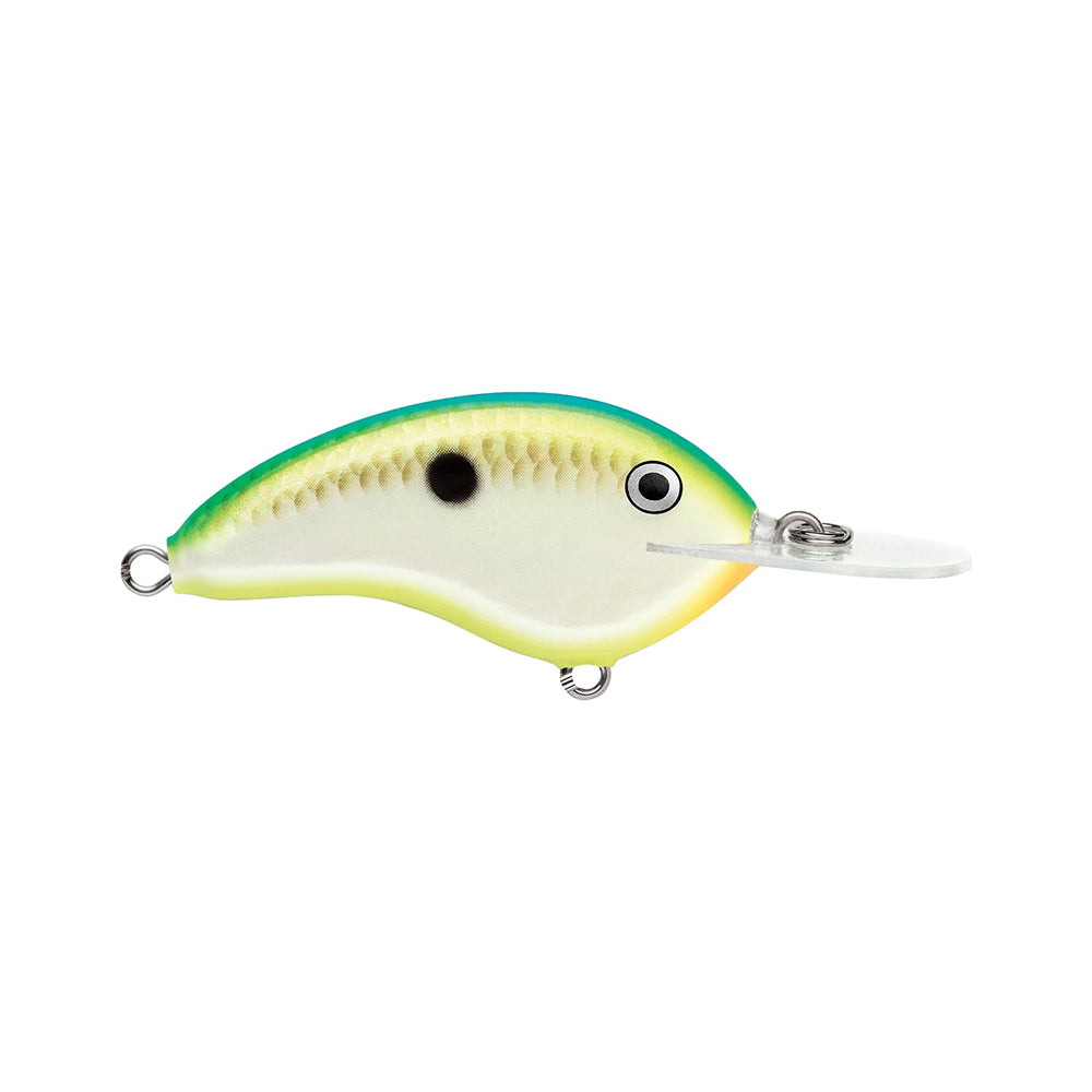 The Rapala OG Deep Tiny 7 Crankbait by Rapala is a balsa lure shaped like a small fish with a green back, yellow sides, white belly, black spot, and a clear plastic lip for diving and tight wobble action against a white background.