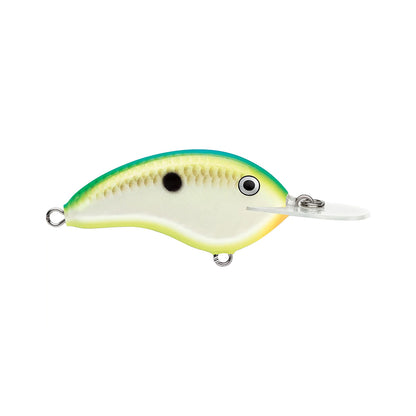 The Rapala OG Deep Tiny 7 Crankbait by Rapala is a balsa lure shaped like a small fish with a green back, yellow sides, white belly, black spot, and a clear plastic lip for diving and tight wobble action against a white background.