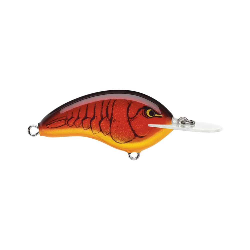 The Rapala OG Deep Tiny 7 Crankbait, by Rapala, is a red and orange balsa lure shaped like a small fish or crawfish with a shell pattern, yellow eye, clear diving lip, metal rings at both ends, and delivers a tight wobble.