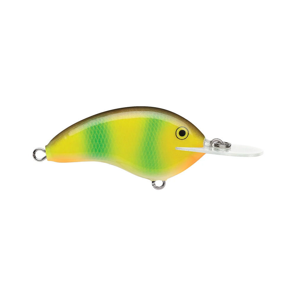 The Rapala OG Deep Tiny 7 Crankbait by Rapala is a vibrant balsa fishing lure with a yellow, green, and orange body, a small black eye, and a clear plastic lip for tight wobble action.