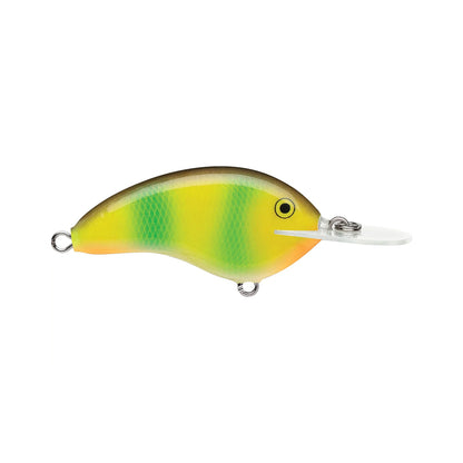 The Rapala OG Deep Tiny 7 Crankbait by Rapala is a vibrant balsa fishing lure with a yellow, green, and orange body, a small black eye, and a clear plastic lip for tight wobble action.