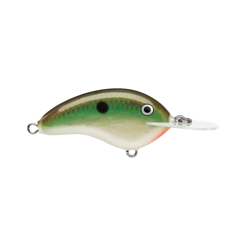The Rapala OG Deep Tiny 7 Crankbait is a balsa lure shaped like a small fish, with a green and beige body, black spot, silver eye, clear plastic lip, and tight wobble action.