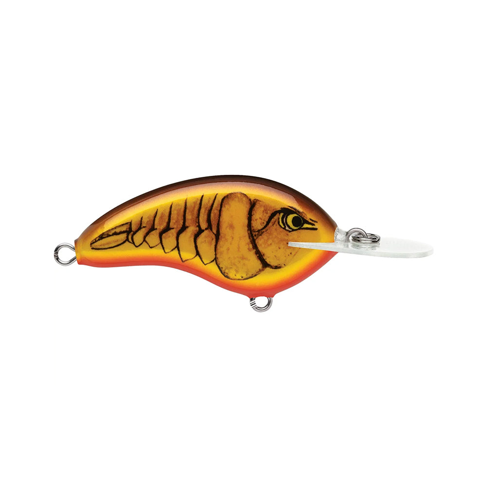 The Rapala OG Deep Tiny 7 Crankbait is a balsa fishing lure shaped like a small fish, with an orange and yellow body, black accents, a clear plastic diving lip, and delivers a tight wobble for lifelike action.