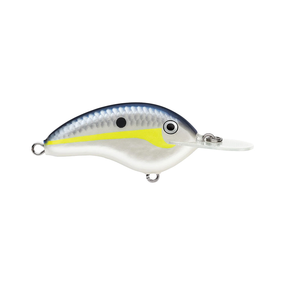 The Rapala OG Deep Tiny 7 Crankbait is a small, fish-shaped lure with a silver body, blue back, yellow stripe, black spot, and clear plastic lip that creates a tight wobble to attract strikes.