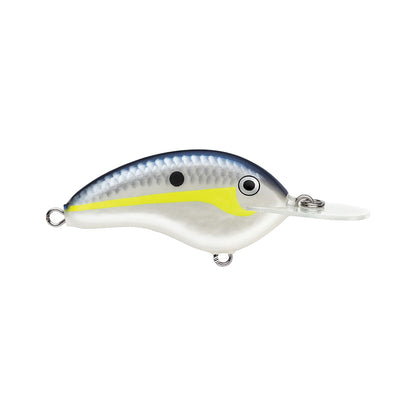 The Rapala OG Deep Tiny 7 Crankbait is a small, fish-shaped lure with a silver body, blue back, yellow stripe, black spot, and clear plastic lip that creates a tight wobble to attract strikes.