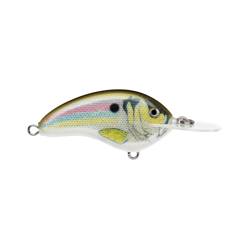 The Rapala OG Deep Tiny 7 Crankbait features a realistic fish design with a greenish-brown back, pink stripe on the side, yellow and black head markings, and a clear diving lip for a tight wobble action.