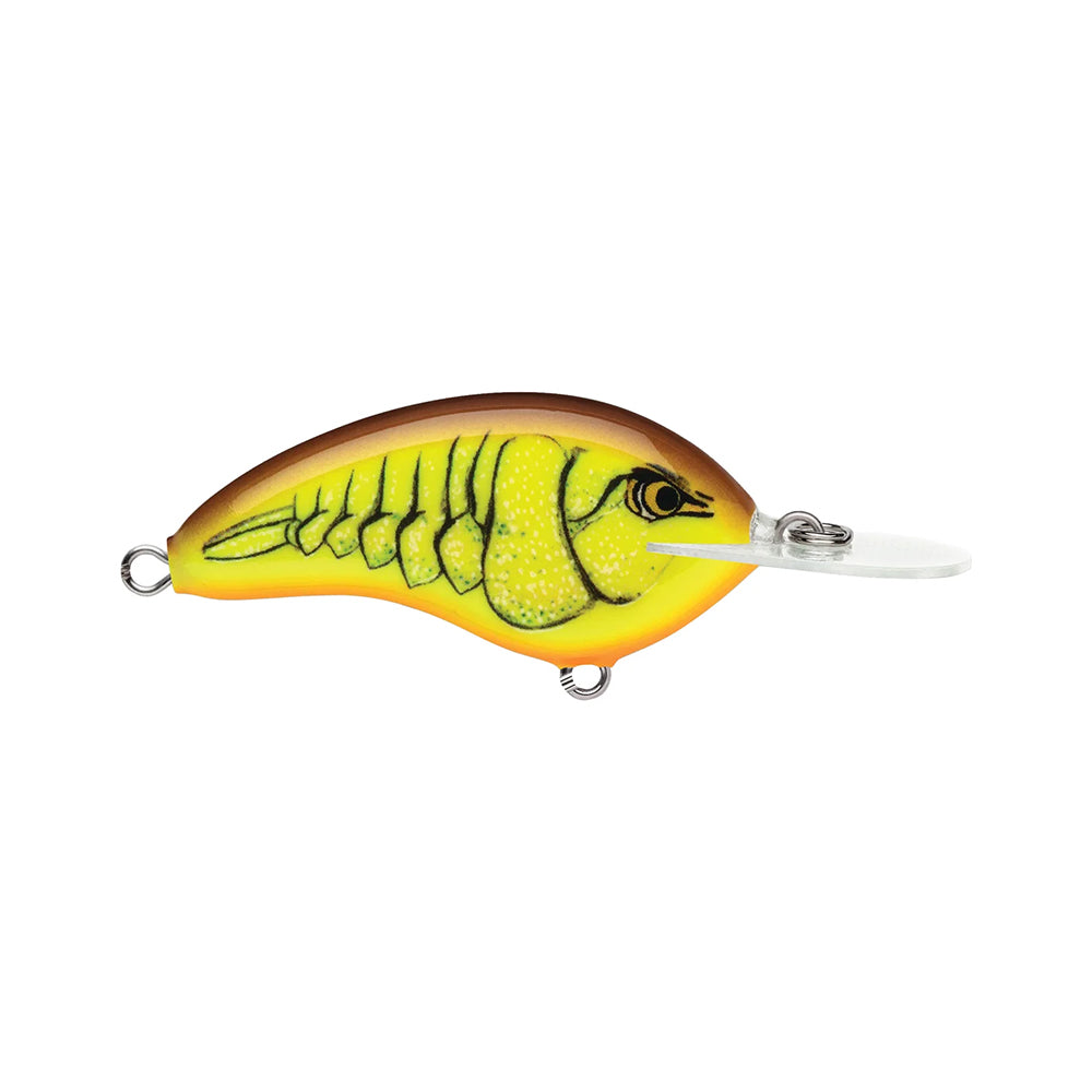 The Rapala OG Deep Tiny 7 Crankbait by Rapala is a yellow and orange balsa fishing lure with black details, a fin-like top, metal loops on both ends, and is designed for a tight wobble, shown against a plain white background.