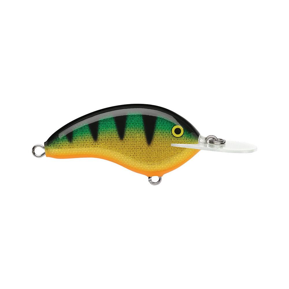 The Rapala OG Deep Tiny 7 Crankbait is a colorful balsa lure shaped like a small fish, featuring a green and yellow body, black stripes, orange underside, and a clear plastic lip for tight diving action.