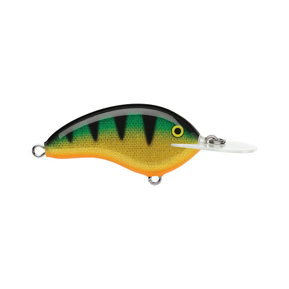 The Rapala OG Deep Tiny 7 Crankbait is a colorful balsa lure shaped like a small fish, featuring a green and yellow body, black stripes, orange underside, and a clear plastic lip for tight diving action.