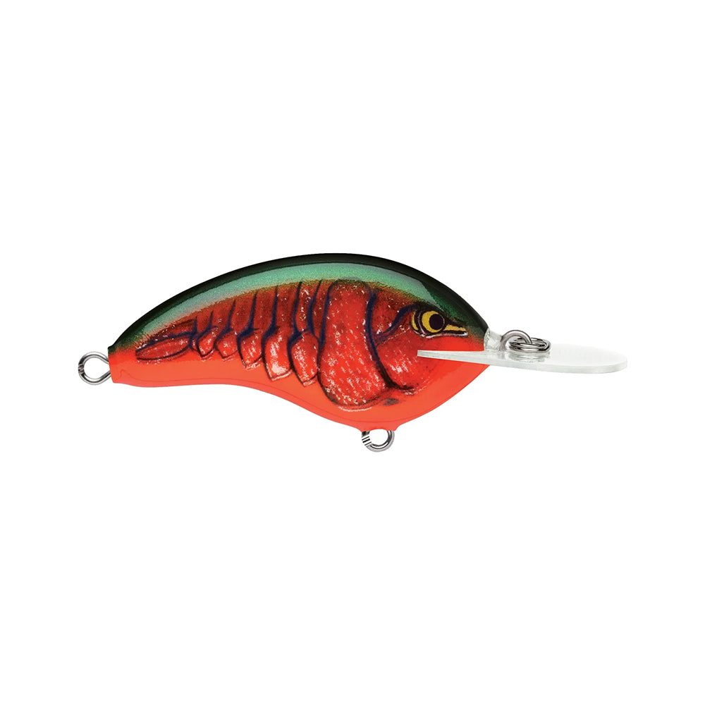 The Rapala OG Deep Tiny 7 Crankbait, by Rapala, is a red and green fish- or crawfish-shaped lure with a painted eye, clear plastic diving lip, and tight wobble action, shown isolated on a white background.