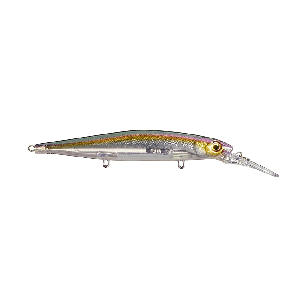 The Rapala PXR Deep Mavrik 110 Jerkbait features a slender profile, shiny silver and gold body, large yellow eye, and long clear lip for deep diving action.