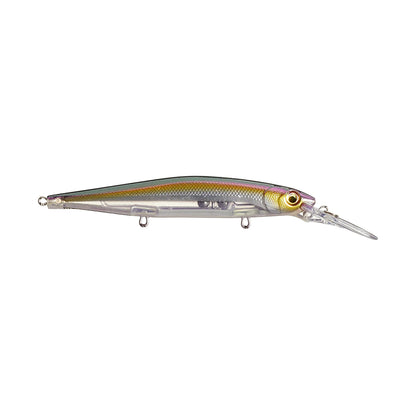 The Rapala PXR Deep Mavrik 110 Jerkbait features a slender profile, shiny silver and gold body, large yellow eye, and long clear lip for deep diving action.