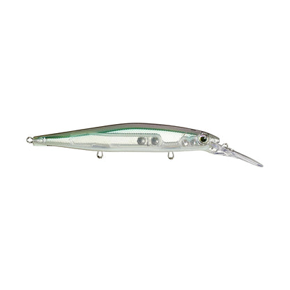 The Rapala PXR Deep Mavrik 110 Jerkbait is a translucent lure featuring a green back, silver sides, lifelike eye, and long clear lip—expertly designed by Rapala to closely resemble a baitfish.