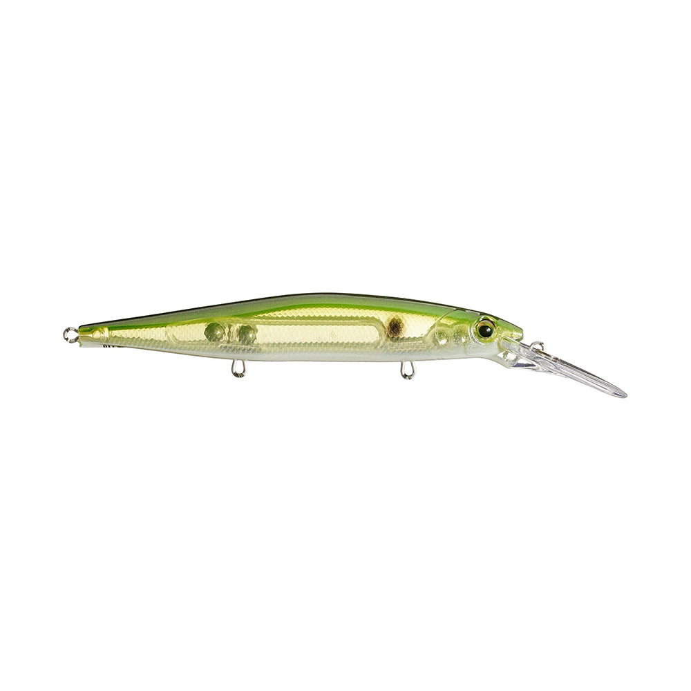 The Rapala PXR Deep Mavrik 110 Jerkbait is a green and yellow lure from Rapala’s Precision Xtreme Series, featuring a long clear lip, two attachment rings, and a small fish design.