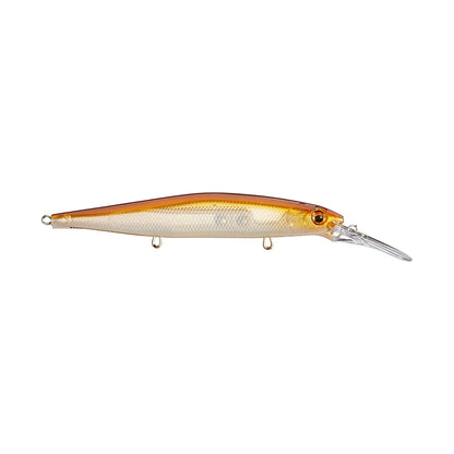 The Rapala PXR Deep Mavrik 110 Jerkbait features a shiny gold and orange body, textured scales, a realistic fish eye, and a long clear lip for deep dives.