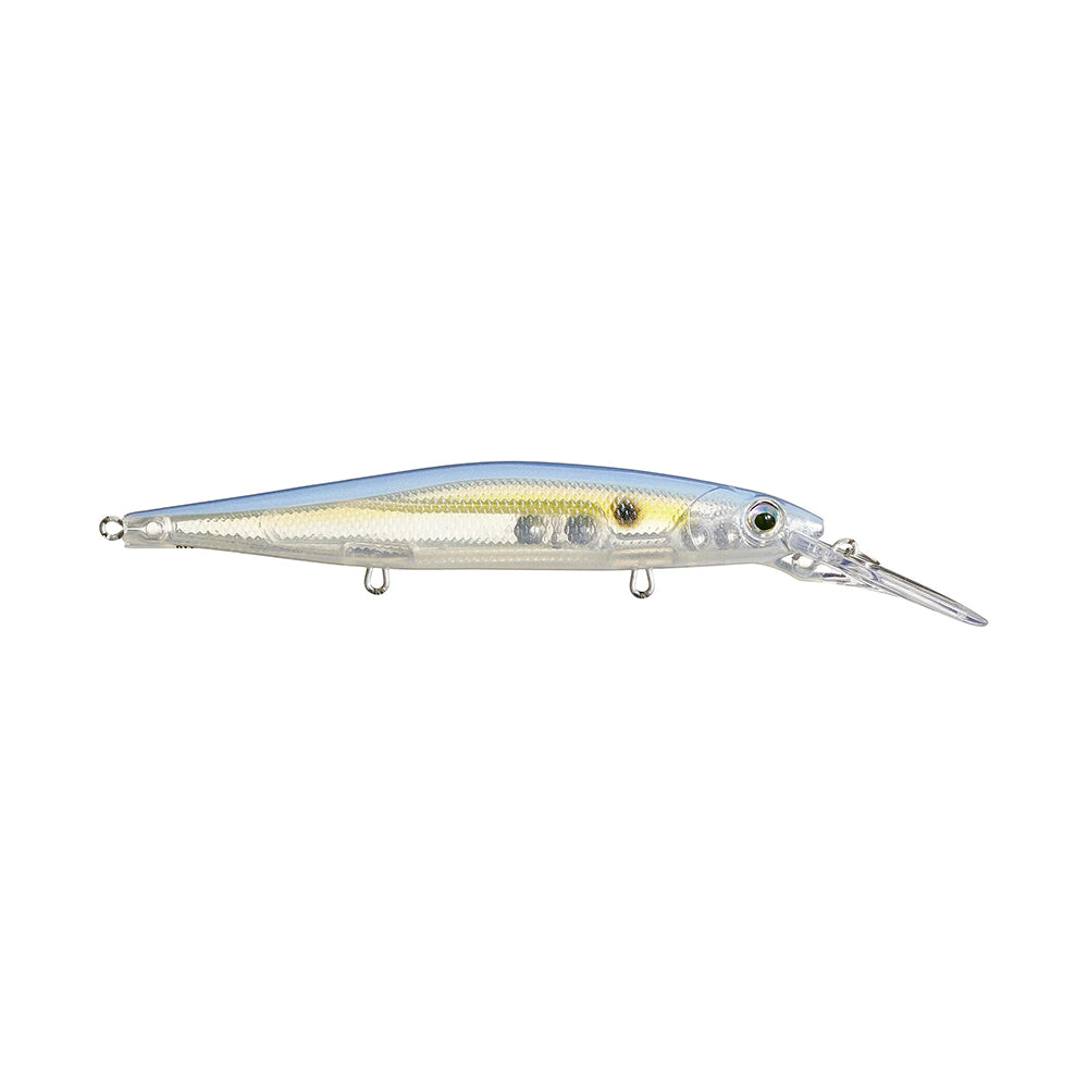 The Rapala PXR Deep Mavrik 110 Jerkbait features a silver-blue finish, clear plastic lip, two underside attachment loops, lifelike eyes, and a textured reflective body. Part of Rapala’s Precision Xtreme Series.