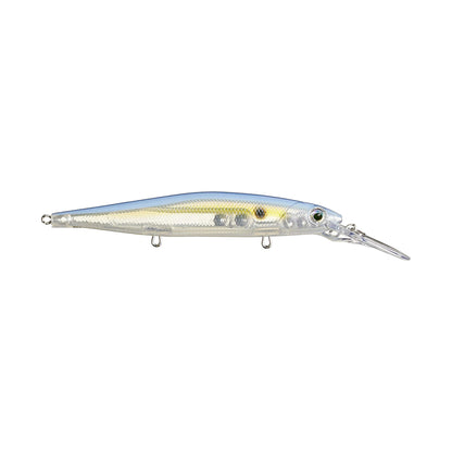 The Rapala PXR Deep Mavrik 110 Jerkbait features a silver-blue finish, clear plastic lip, two underside attachment loops, lifelike eyes, and a textured reflective body. Part of Rapala’s Precision Xtreme Series.