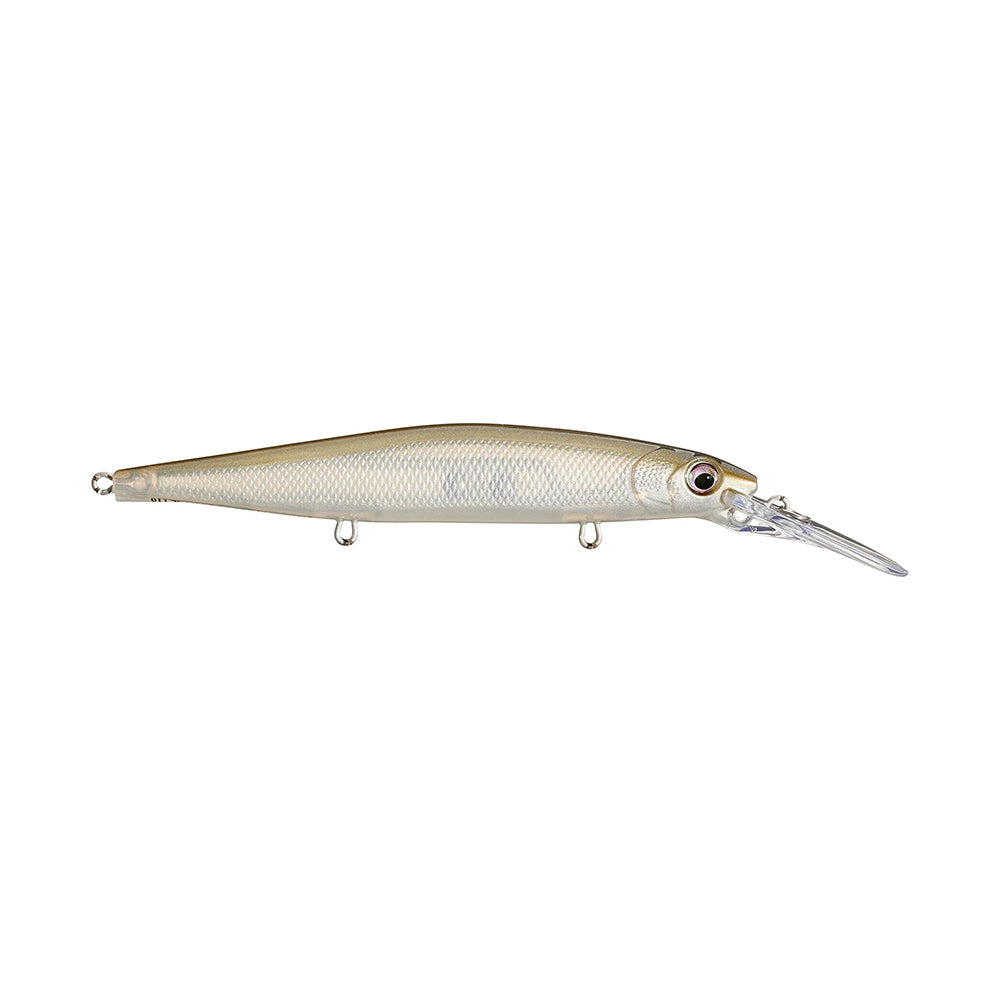 The Rapala PXR Deep Mavrik 110 Jerkbait is a light-colored, slender-bodied lure with textured scales and a long, clear lip to mimic small fish. Features three attachment rings and is part of Rapala’s Precision Xtreme Series.