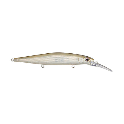 The Rapala PXR Deep Mavrik 110 Jerkbait is a light-colored, slender-bodied lure with textured scales and a long, clear lip to mimic small fish. Features three attachment rings and is part of Rapala’s Precision Xtreme Series.