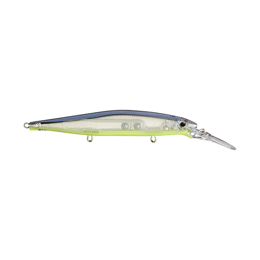 The Rapala PXR Deep Mavrik 110 Jerkbait is a Precision Xtreme Series lure with a silver-yellow body, textured scales, black back stripe, and long plastic lip for deep-diving action.