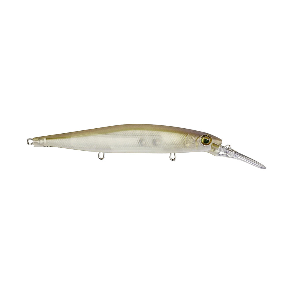 The Rapala PXR Deep Mavrik 110 Jerkbait by Rapala is a lifelike, deep-diving lure with a translucent body, detailed scales, large eye, long plastic lip, and three metal eyelets for versatile rigging.