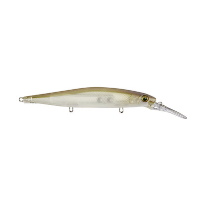 The Rapala PXR Deep Mavrik 110 Jerkbait by Rapala is a lifelike, deep-diving lure with a translucent body, detailed scales, large eye, long plastic lip, and three metal eyelets for versatile rigging.