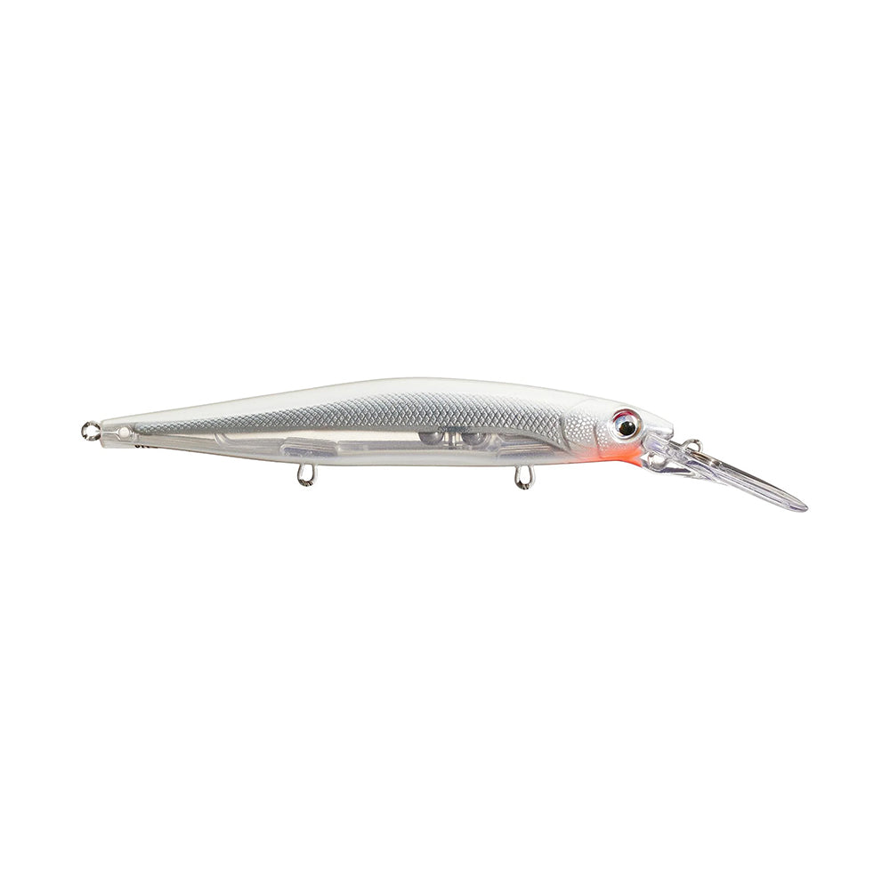 The Rapala PXR Deep Mavrik 110 Jerkbait features a silver and translucent scaled body, red head accent, black eye, and a long clear diving lip—part of Rapala’s Precision Xtreme Series.