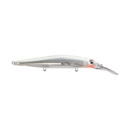 The Rapala PXR Deep Mavrik 110 Jerkbait features a silver and translucent scaled body, red head accent, black eye, and a long clear diving lip—part of Rapala’s Precision Xtreme Series.