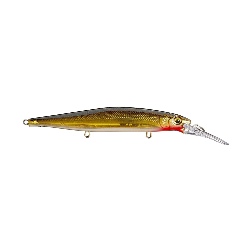The Rapala PXR Deep Mavrik 110 Jerkbait features a gold and brown, realistic fish pattern with red head markings and a clear diving lip. Shown on a white background, this lure is part of Rapala’s Precision Xtreme Series.