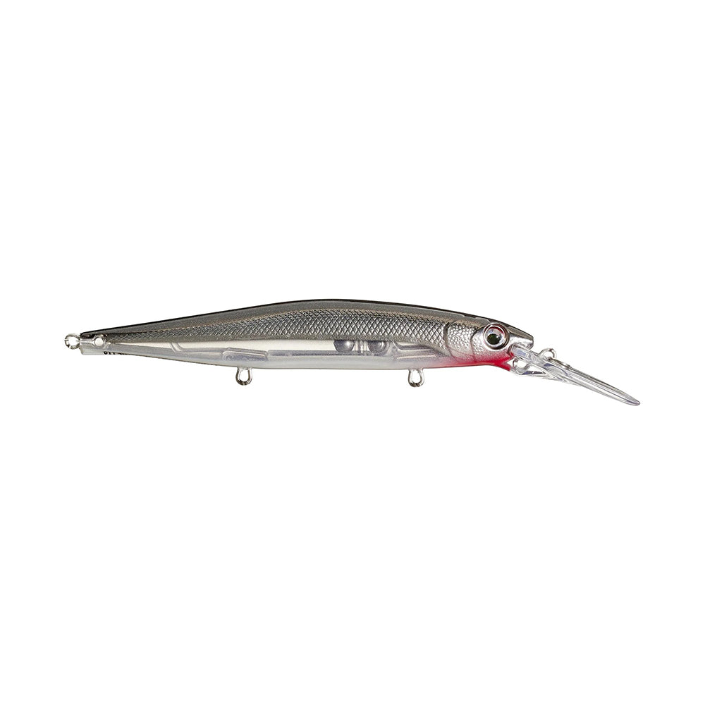 The Rapala PXR Deep Mavrik 110 Jerkbait features a silver and clear finish, long lip, lifelike fish scale pattern, and red accents on the head, designed to imitate baitfish in the Precision Xtreme Series.