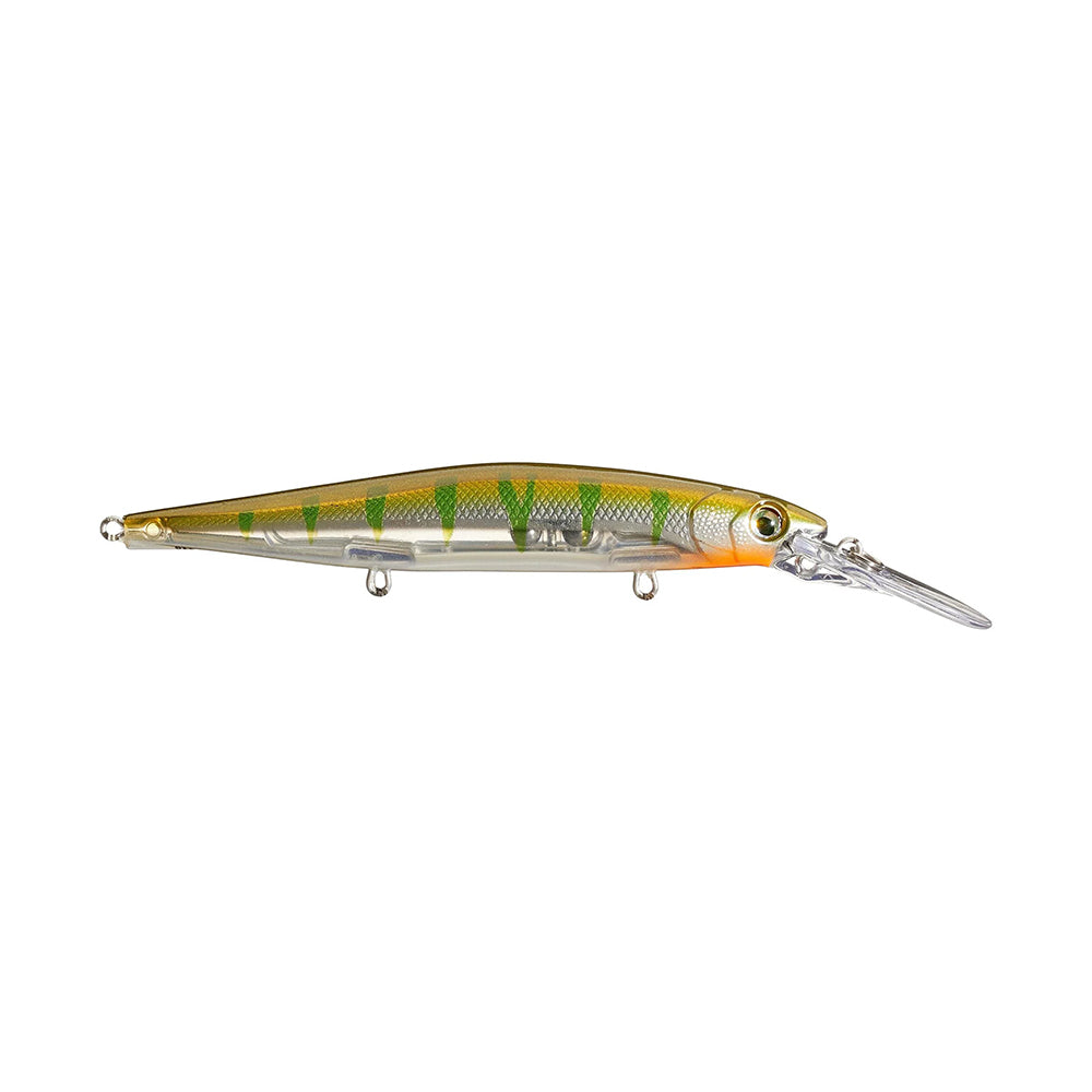 The Rapala PXR Deep Mavrik 110 Jerkbait features green and yellow colors, a long clear lip, orange head accents, two hook mounts on the silver belly, making it a striking choice from Rapala.