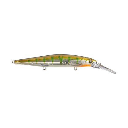 The Rapala PXR Deep Mavrik 110 Jerkbait features green and yellow colors, a long clear lip, orange head accents, two hook mounts on the silver belly, making it a striking choice from Rapala.
