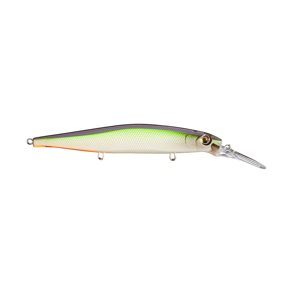 The Rapala PXR Deep Mavrik 110 Jerkbait features a green and yellow back, white belly, orange tail accent, and a clear diving lip—part of Rapala's Precision Xtreme Series.