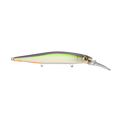 The Rapala PXR Deep Mavrik 110 Jerkbait features a green and yellow back, white belly, orange tail accent, and a clear diving lip—part of Rapala's Precision Xtreme Series.