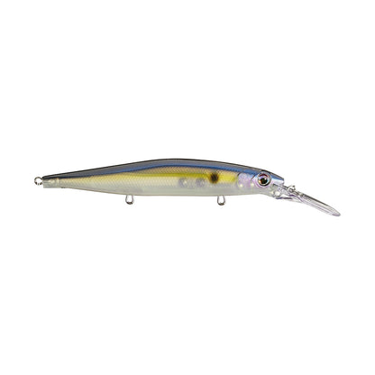 The Rapala PXR Deep Mavrik 110 Jerkbait features a shiny silver and yellow body, black top stripe, red and black eye, and a clear plastic diving lip for lifelike action.