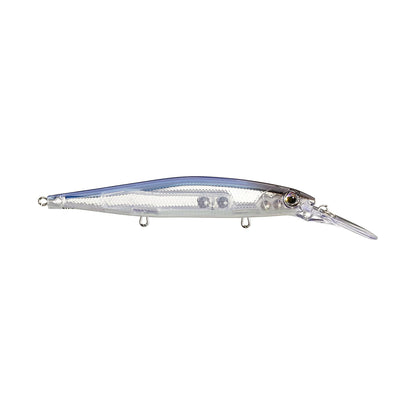 The Rapala PXR Deep Mavrik 110 Jerkbait is a clear, fish-shaped bait with a long pointed lip and two hook points underneath, designed by Rapala for deep-water precision fishing.