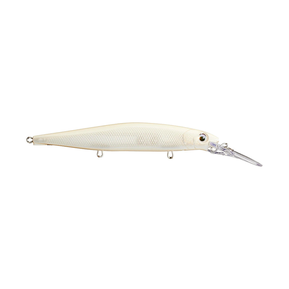 The Rapala PXR Deep Mavrik 110 Jerkbait is a white, fish-shaped lure from Rapala with a textured body, single eye, and clear front lip—engineered for effective fish-catching.
