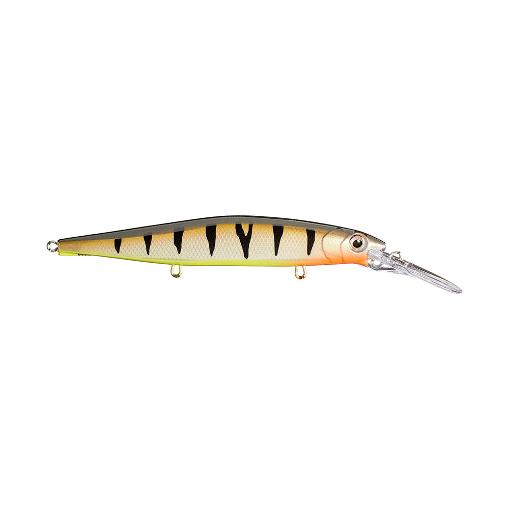 The Rapala PXR Deep Mavrik 110 Jerkbait features a long, narrow body, orange-yellow gradient sides, black vertical stripes, and a clear diving lip; it’s part of Rapala’s Precision Xtreme Series.