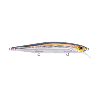 The Rapala PXR Mavrik 110 Jerkbait is a lifelike lure shaped like a fish, with metallic silver and purple hues, a yellow-black eye, and three metal attachment rings. It’s part of the Precision Xtreme Series by Rapala.