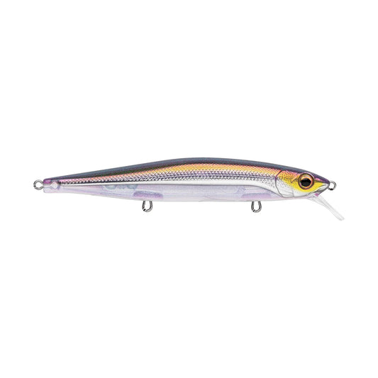 The Rapala PXR Mavrik 110 Jerkbait is a lifelike lure shaped like a fish, with metallic silver and purple hues, a yellow-black eye, and three metal attachment rings. It’s part of the Precision Xtreme Series by Rapala.