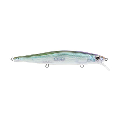 The Rapala PXR Mavrik 110 Jerkbait is a realistic, translucent long-cast lure with a streamlined body, metallic blue-green back, and two metal hook loops underneath.