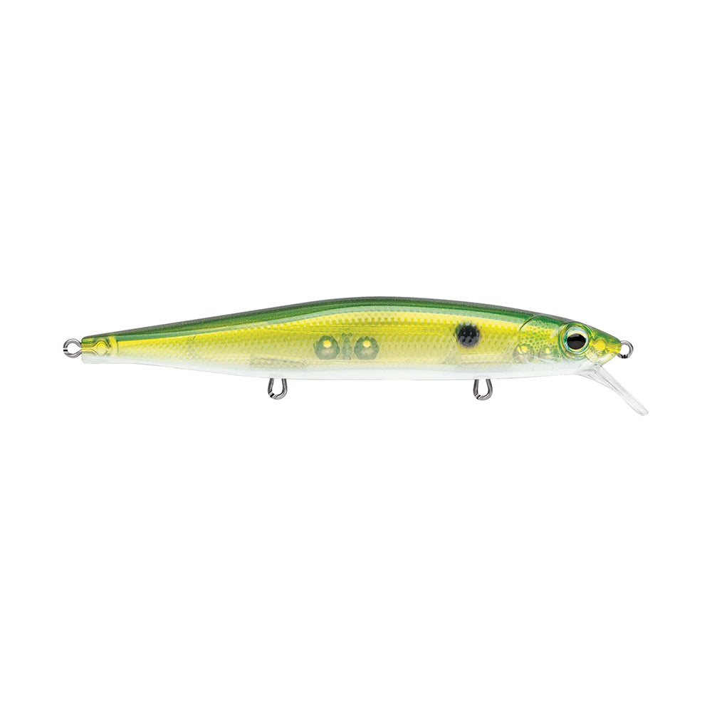 The Rapala PXR Mavrik 110 Jerkbait, in green and yellow, features a realistic fish pattern, two treble hooks, and a small plastic lip for long-cast diving action.