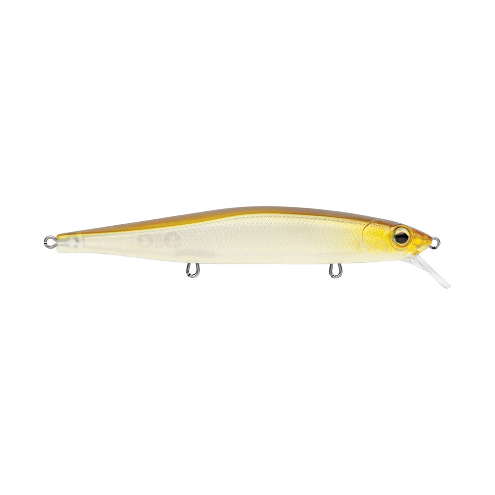 The Rapala PXR Mavrik 110 Jerkbait is a small fish-shaped lure with a shiny yellow and white body, detailed eye, and three metal rings—designed by Rapala for long-cast jerkbait performance.