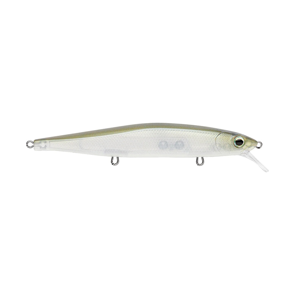 The Rapala PXR Mavrik 110 Jerkbait features a realistic silver and translucent body, fish-like shape, large eye, small plastic lip, and three metal attachment rings for long casting. Part of Rapala’s Precision Xtreme Series.