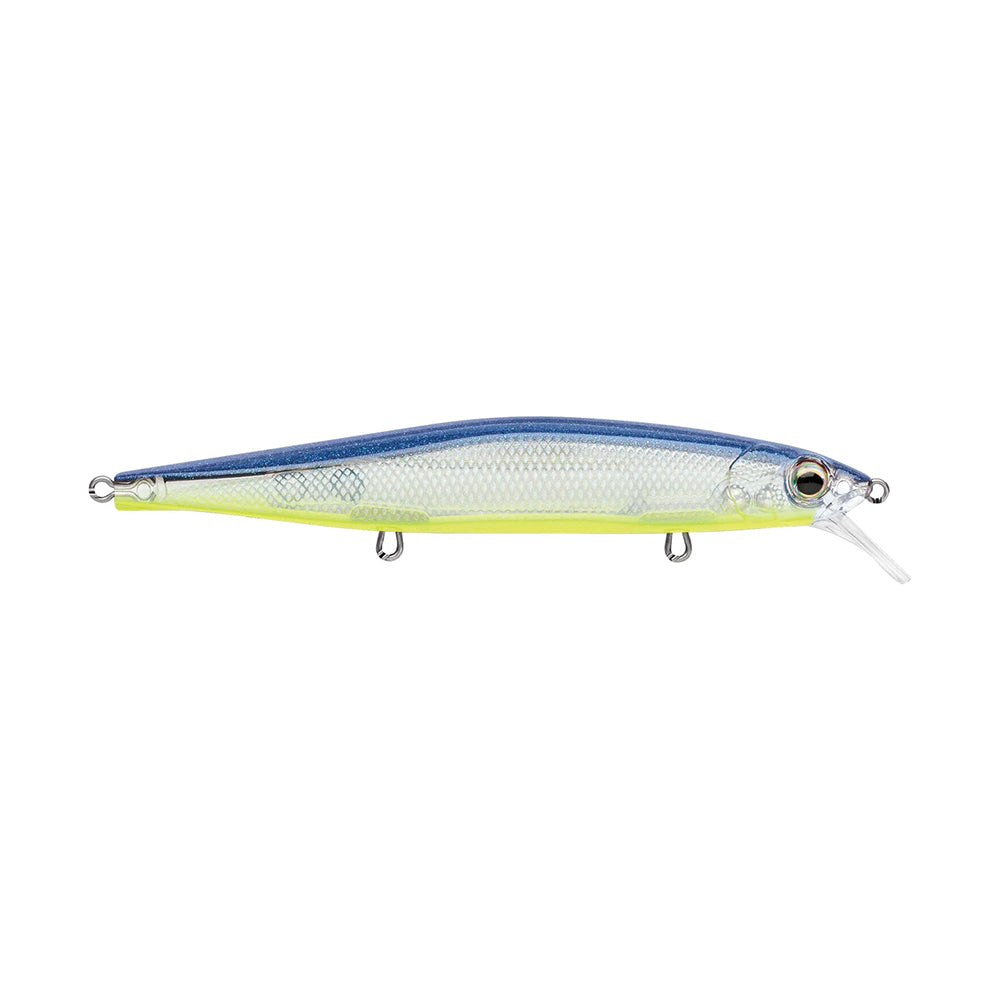 The Rapala PXR Mavrik 110 Jerkbait, part of Rapala's Precision Xtreme Series, is a fish-shaped lure with a blue back, silver sides, yellow belly, and a clear front lip for diving.